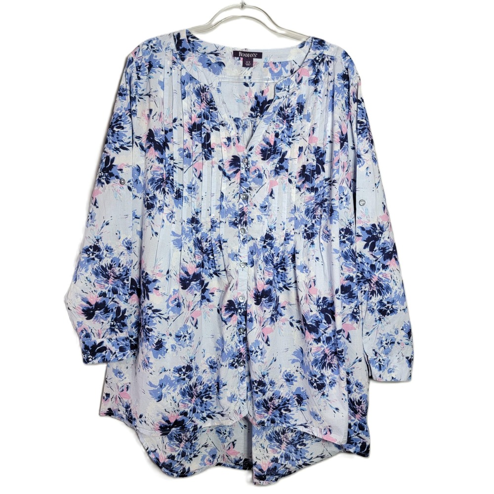 Roamans Plus Size 22W‎ Blue Pink Floral Cotton Pintuck Tunic Blouse High Low Top